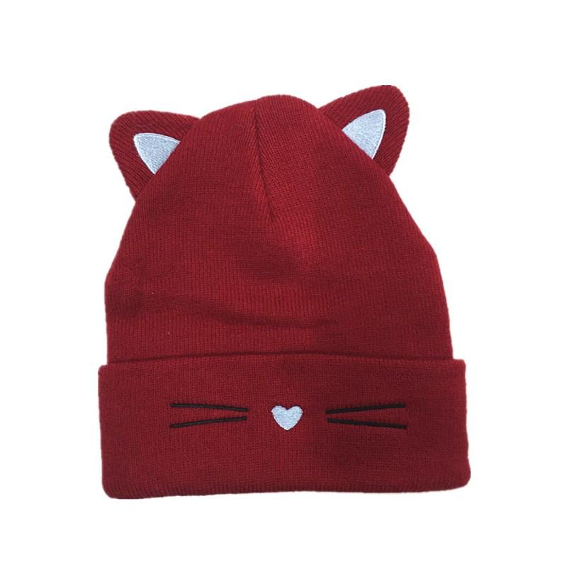 Cute Cat Ear Embroidered Knit Beanie - Women's Warm Winter Hat
