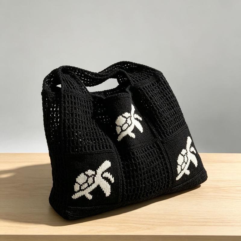 Crochet Beach Tote Bag Hollow Out Ocean Pattern Breathable Reusable Shoulder Bag for Vacation Shopping Daily Commute