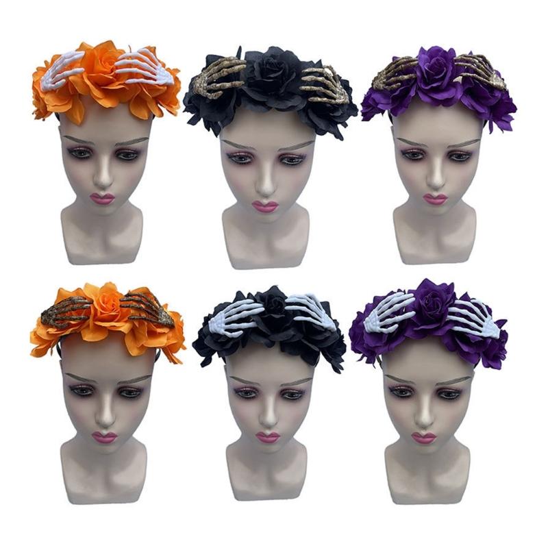 Halloween Flower Headband with Skeleton Hand Detail, Spooky Costume Hair Piece for Cosplay, Parties and Stage Looks