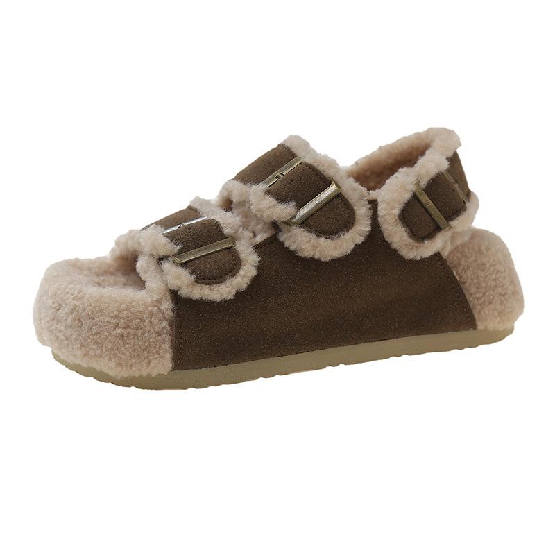 

Lamb wool non-slip flat bottom comfortable belt buckle fluffy slippers women s wear winter versatile thick bottom leather one-word drag 40