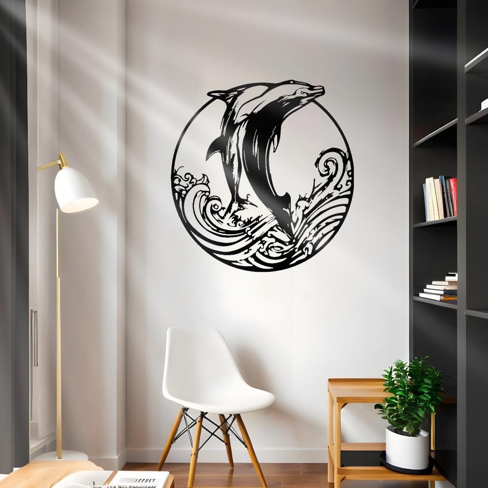 2D Laser Cut Dolphin Wave Iron Wall Art, Large Black Metal Decor for Living Room Bedroom, 1pc