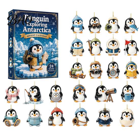 Countdown to Christmas Antarctic Penguin Advent Calendar, 24-Day Winter Box with Cute Festive Home Ornament Explorer Ornaments, 2D Acrylic Hanging