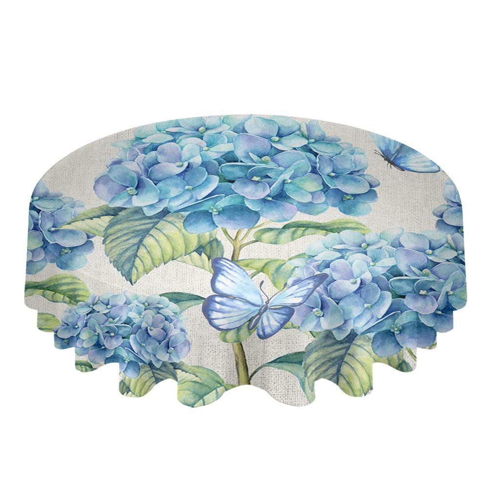 Waterproof Round Tablecloth Summer Flowers Hydrangeas Butterflies Design For Wedding Party Dining Table Cover