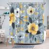 1Pc Yellow And White Peony Floral Shower Curtain With Hooks, Machine Washable Polyester, Suitable For Bathroom Decoration