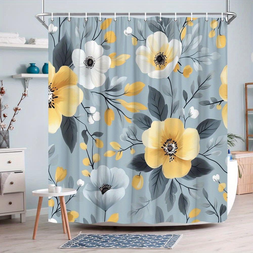 1Pc Yellow And White Peony Floral Shower Curtain With Hooks, Machine Washable Polyester, Suitable For Bathroom Decoration