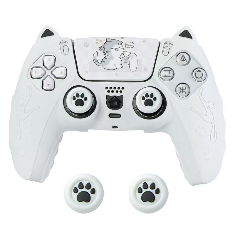 Protective Cover for PS5 Cat Ear Silicone with Stickers and Rocker Caps Controller, Case, Non-Slip, Sweat-Resistant, Dust-Resistant, (White)