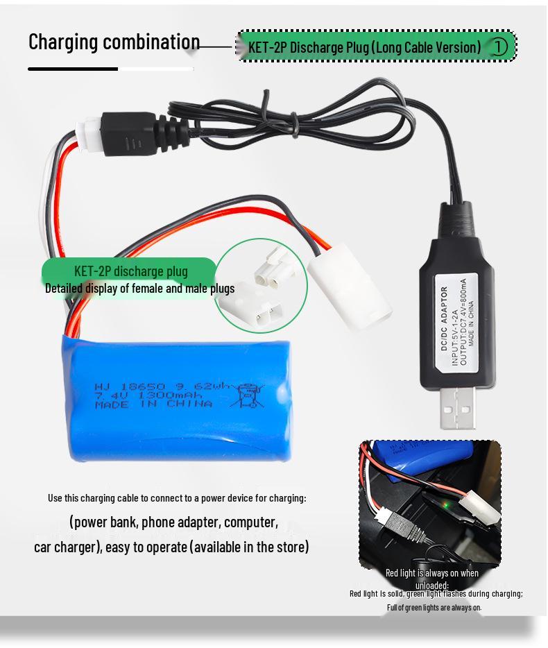 18650 Lithium Battery Pack 7.4V 1300mAh 10C for RC Toys & Cars