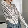 Asymmetric V-neck Striped Long Sleeve T-shirt for Women Autumn/Winter Slim Fit Design-oriented Base Layer Short Top