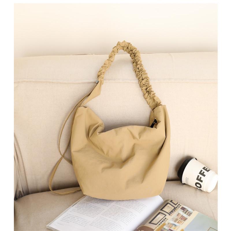 IELGY Japanese Casual Literary Canvas Bag, Fashionable Drawstring Shoulder Pleated Nylon Messenger Bag