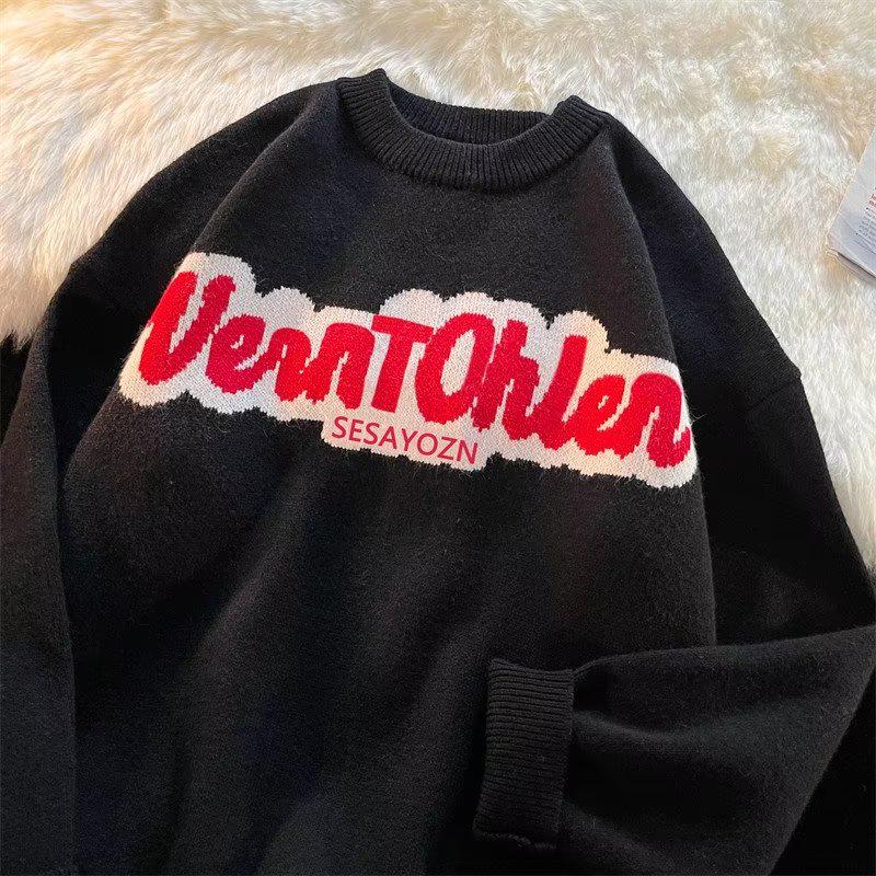 Men's Japanese Lazy Style Round Neck Sweater - Trendy Loose Fit Knitwear with Casual Letter Towel Embroidery