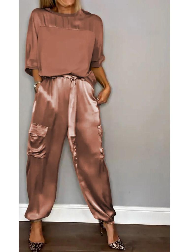 2024 European & American Women's Satin Half-Sleeve Top and Pants Set