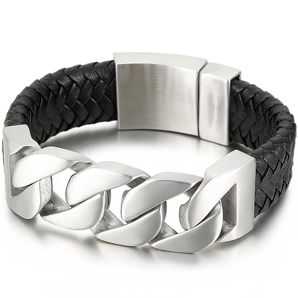 24MM Wide Cuban Chain Bracelet for Men Matte Brushed Stainless Steel With Braided Leather Men's Bracelets Bold Hip Hop Jewelry
