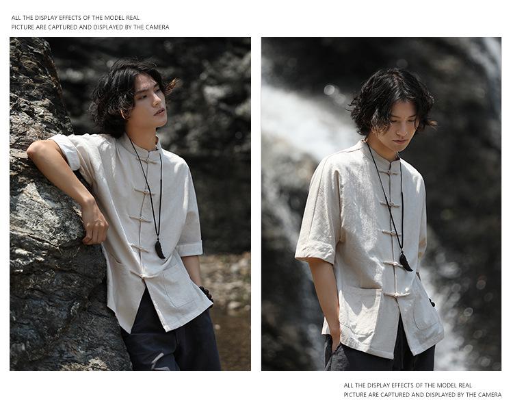 Dulou Tang Men's Retro Style Chinese Stand Collar Linen Shirt