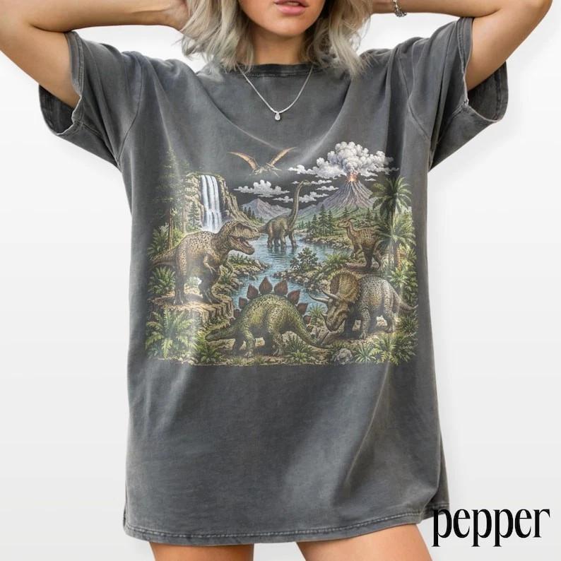Vintage Dinosaur Landscape Graphic Tee, Jurassic Era T Rex Shirt, Prehistoric 4XL