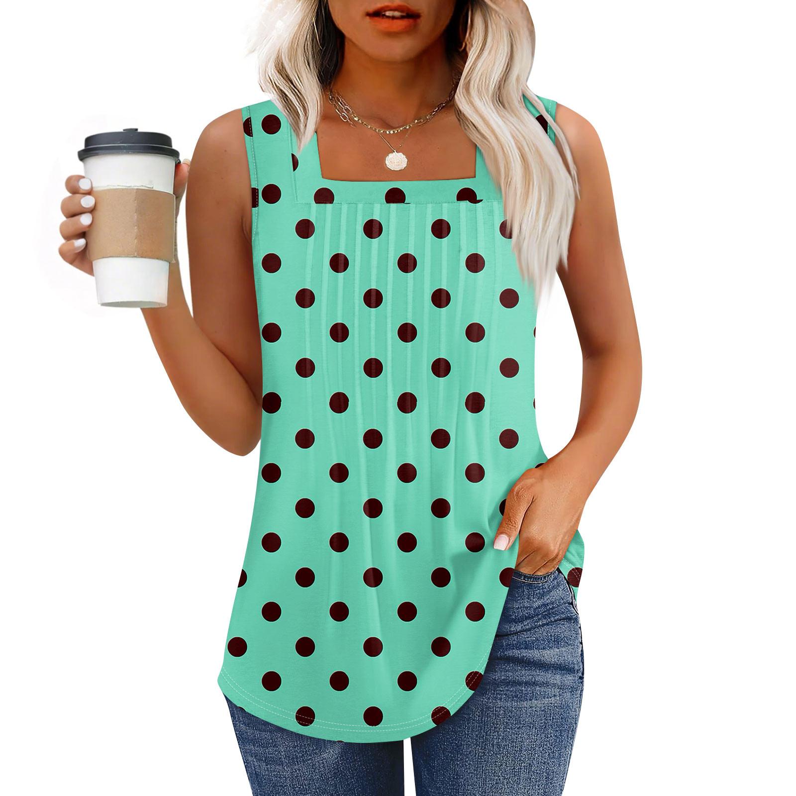 

Майка для женщин Летние наряды Без рукавов Блузки с принтом Повседневные свободные рубашки Плиссированные квадратные вырезы XL