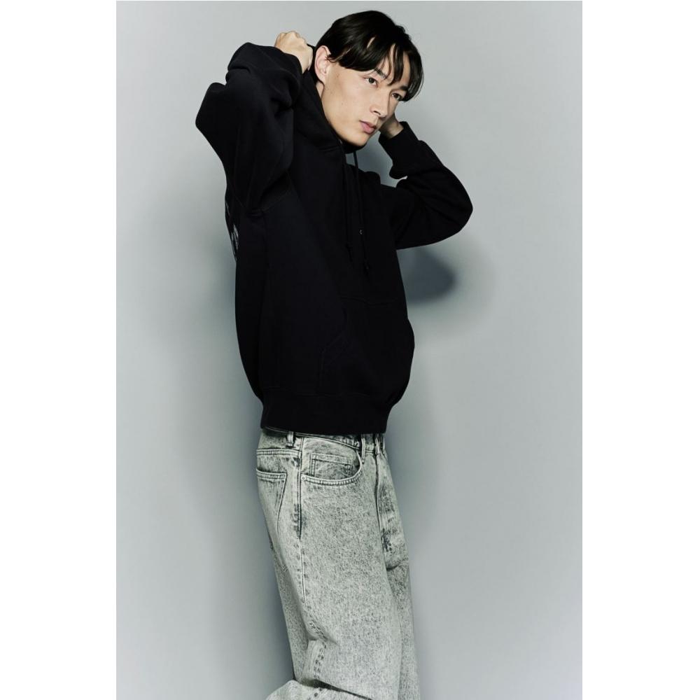 H M Loose Fit Print Hoodie Black Out Of Service