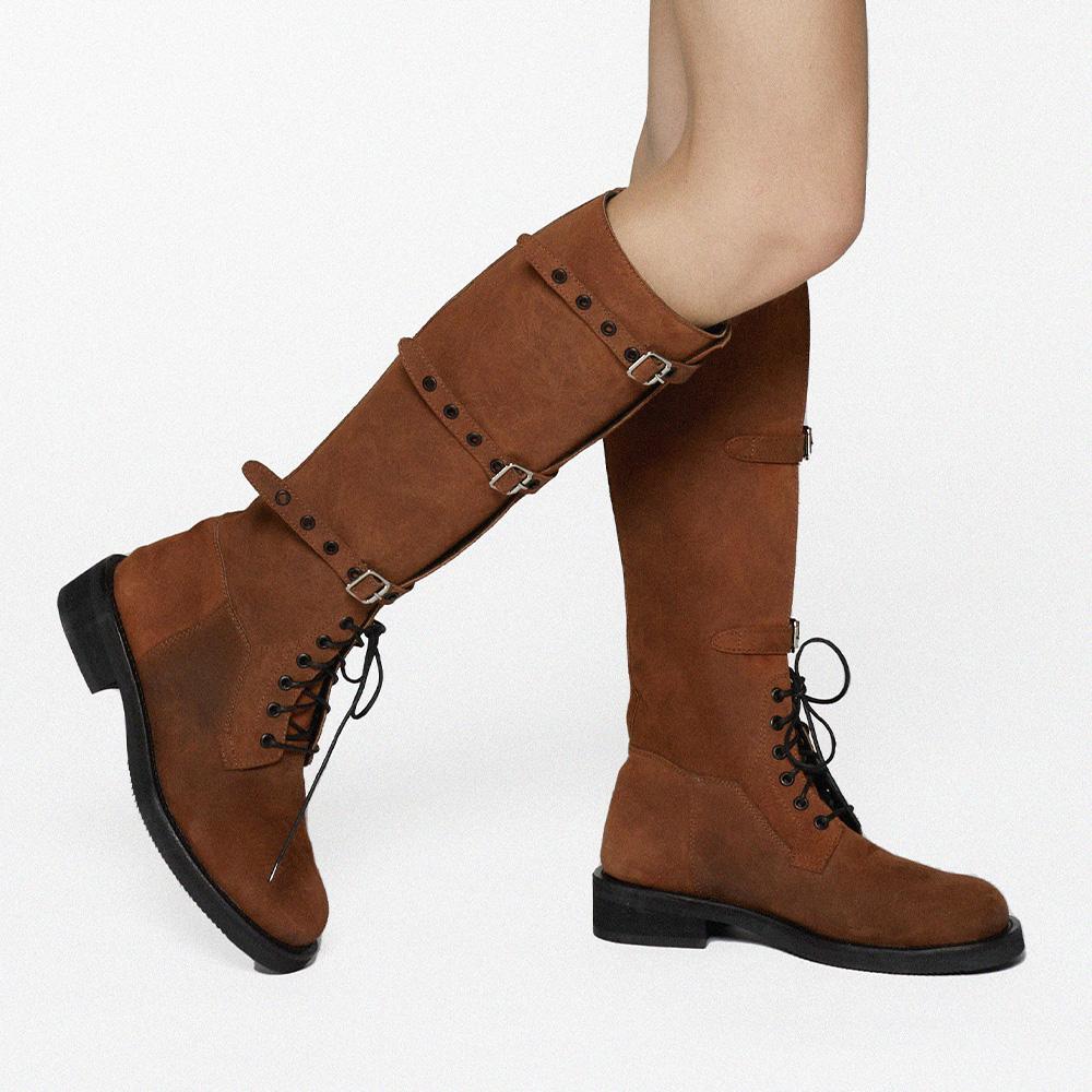 Coreofalchemy Multi-Strap Suede Long Boots Brown