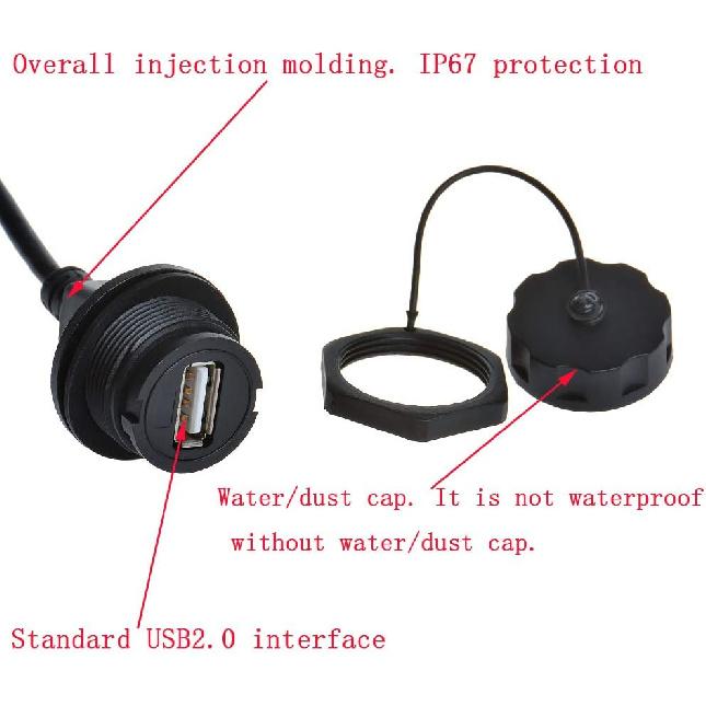 USB2.0 IP67 Waterproof Cable Extension Connector Double Head Coupler Adapter Male To Female Socket Plug Panel Mount, with Waterproof/Dust Cap, with