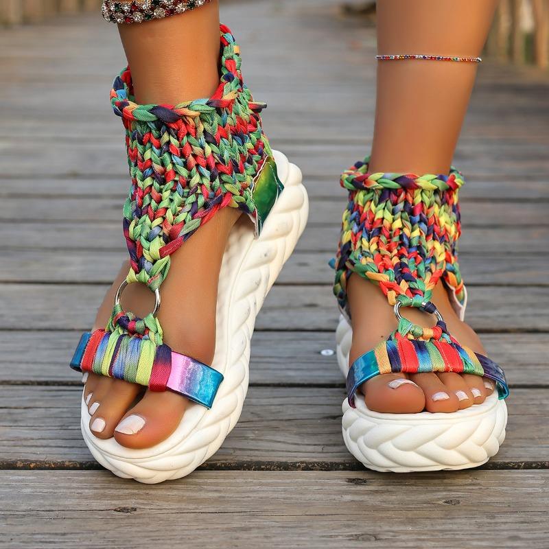 Fashion Women's Fashion Round Head Knitted Cover Foot Soft Sole Anti-slip Wear-resistant Flat Shoes Summer Platform Sandals