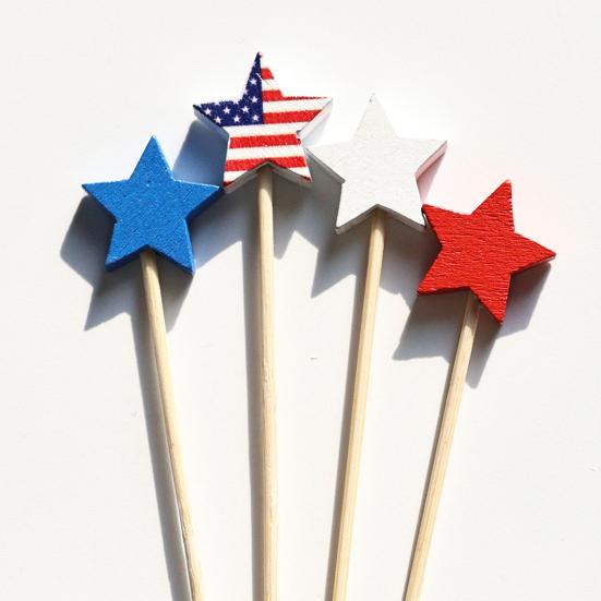 100 PIEZAS Palillos Desechables para Cócteles, Decoración de Estrella del Día de la Independencia, Brochetas de Bambú para Aperitivos Frutas Hamburguesas Pasteles