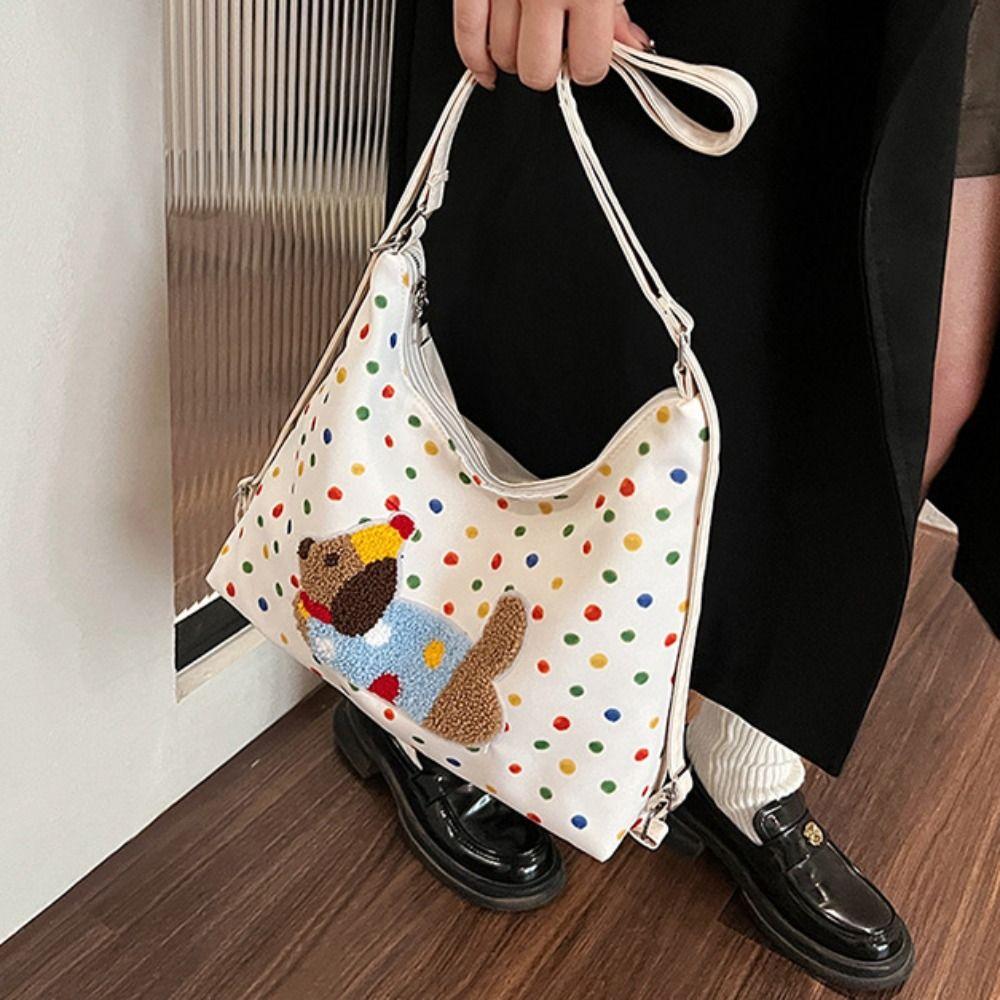 Korean Style Puppy Embroidery Shoulder Bag Y2k Cartoon Handbag Sweet Polka Dot Tote Bag Girls