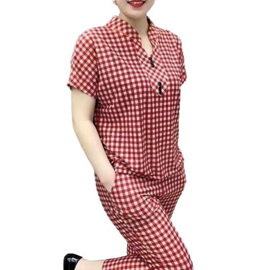 

Женский клетчатый комплект из 2 предметов: топ с пуговицами, коротким рукавом и укороченные узкие брюки, летний повседневный комплект для дома M красный