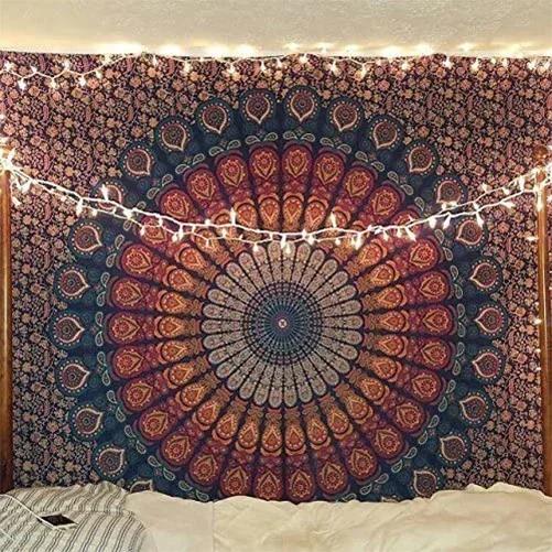 Indischer Hippie Bohemian psychedelisches Goldenes Blau Pfauen Mandala Wandbehang Feine Kunst Heimdekoration Wandteppich