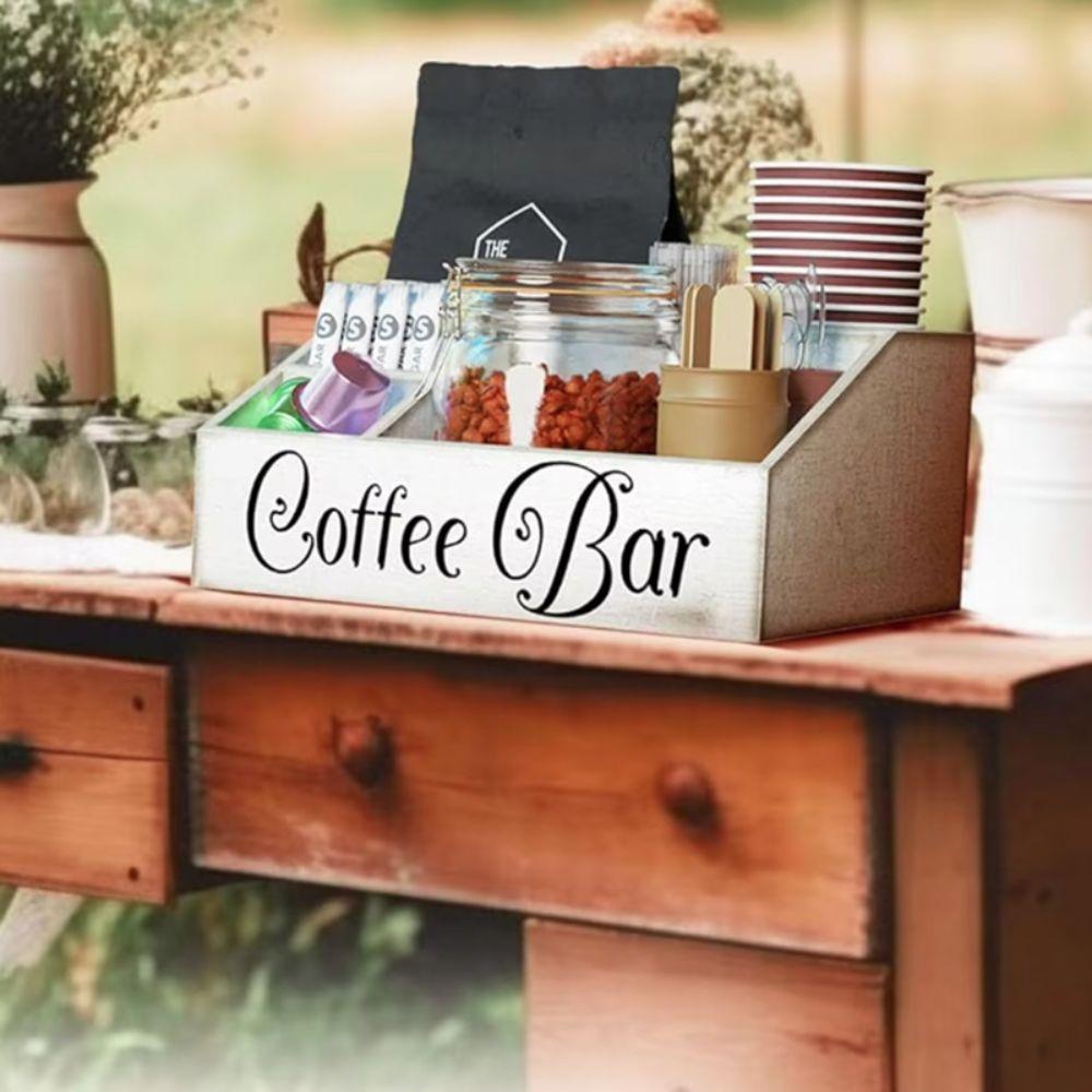 Multi-compartment Countertop Coffee Bar Organizer Wooden Tea Bag Basket Coffee Storage Box  Office