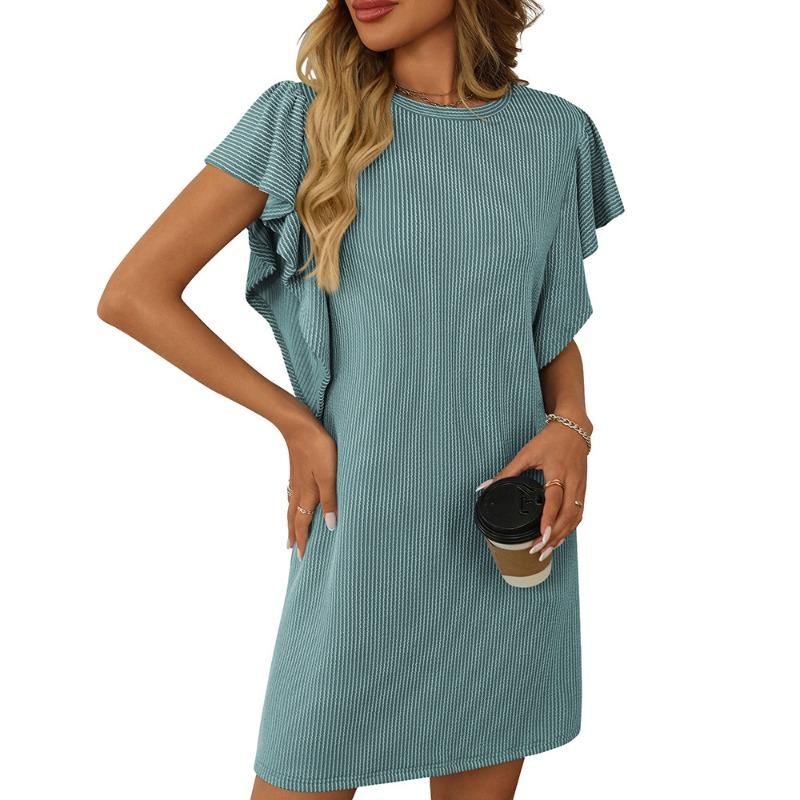 Summer Women's Contrasting Twisted Ruffle Solid Color Sleeves Mid Length Dress