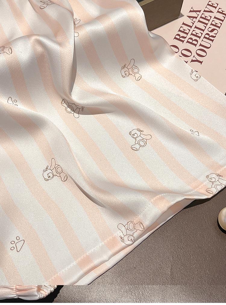 Women's Short-Sleeve Striped Cartoon Mulberry Silk Pajama Set
