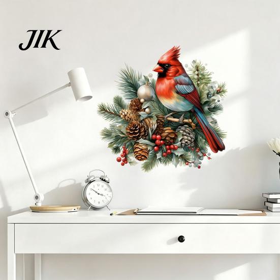 Festive Indoor Outdoor Glass Decals Christmas Bird Wall Sticker, Decorative PVC Decal with Pine Branch Cone And Red Berry, Waterproof Peel Sticker Art