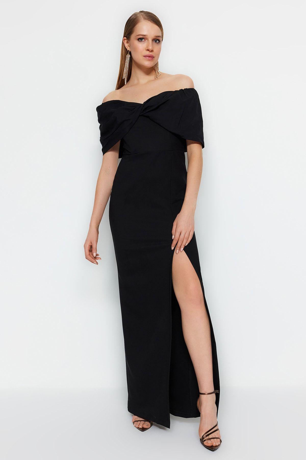 

Women s Fashion Black Lined Woven Long Evening Dress XS