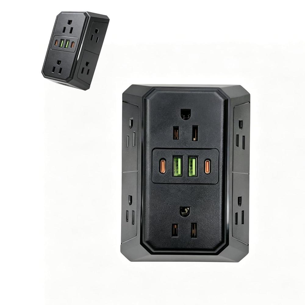 6-socket wall outlet extender with 4 USB ports (2 Type-C), three-sided surge protection socket extender, multi-plug power strip