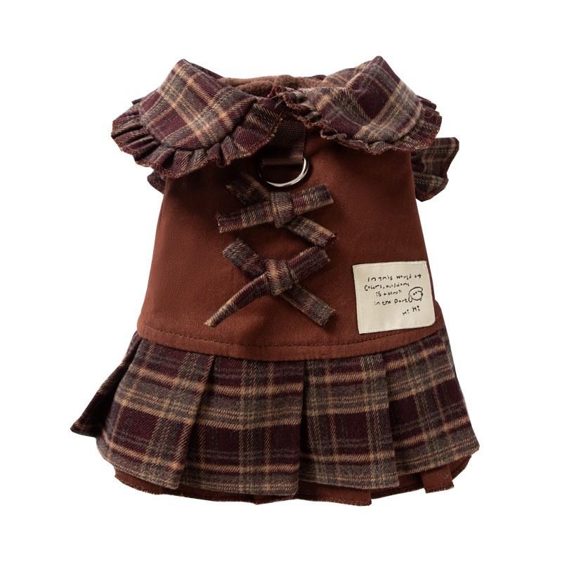 Autumn and winter Korean Maillard plaid couple's clothing small dog Bichon two-legged pleated skirt top pet dog dog clothes