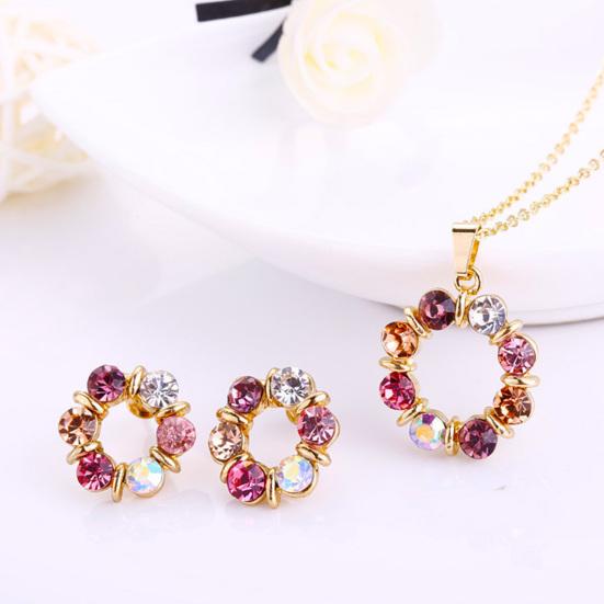 Necklace Colorful Rhinestone Round Women Pendant Necklace Earrings Set for Party
