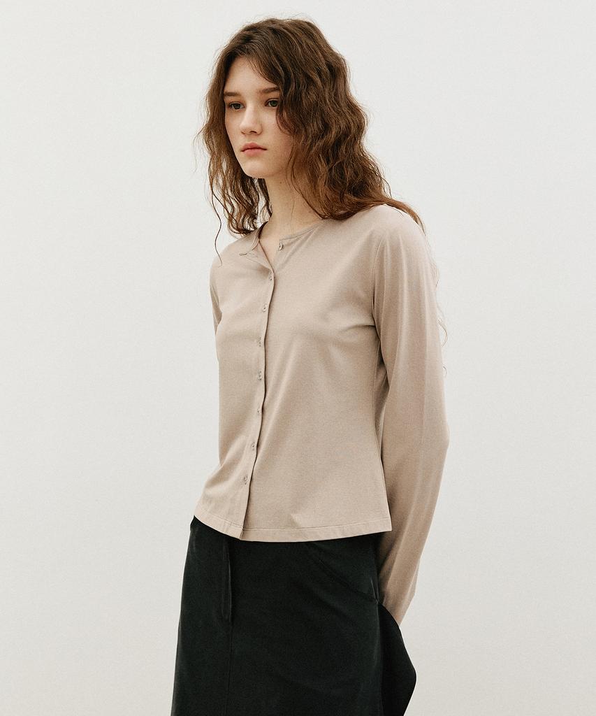 ARTID Boat Neck Open Button Long Sleeve T-Shirt_Beige