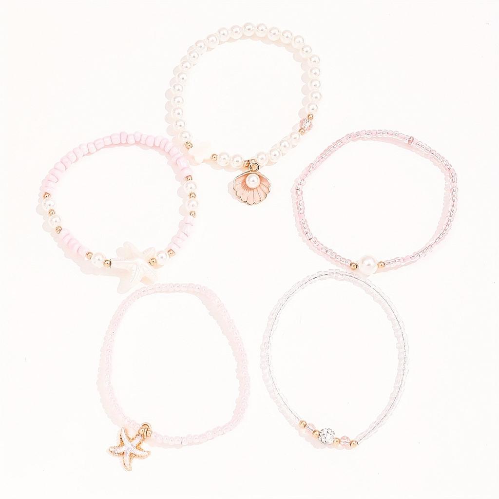 5 pcs Pearl-like shell star pendant - Handmade pearl beads - Pink series bracelet set - Party gift for a music festival vacation