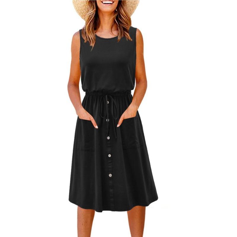 

Women s Sleeveless Drawstring Waist Midi Dress Button Down Casual Summer Dress with Pockets S чёрный