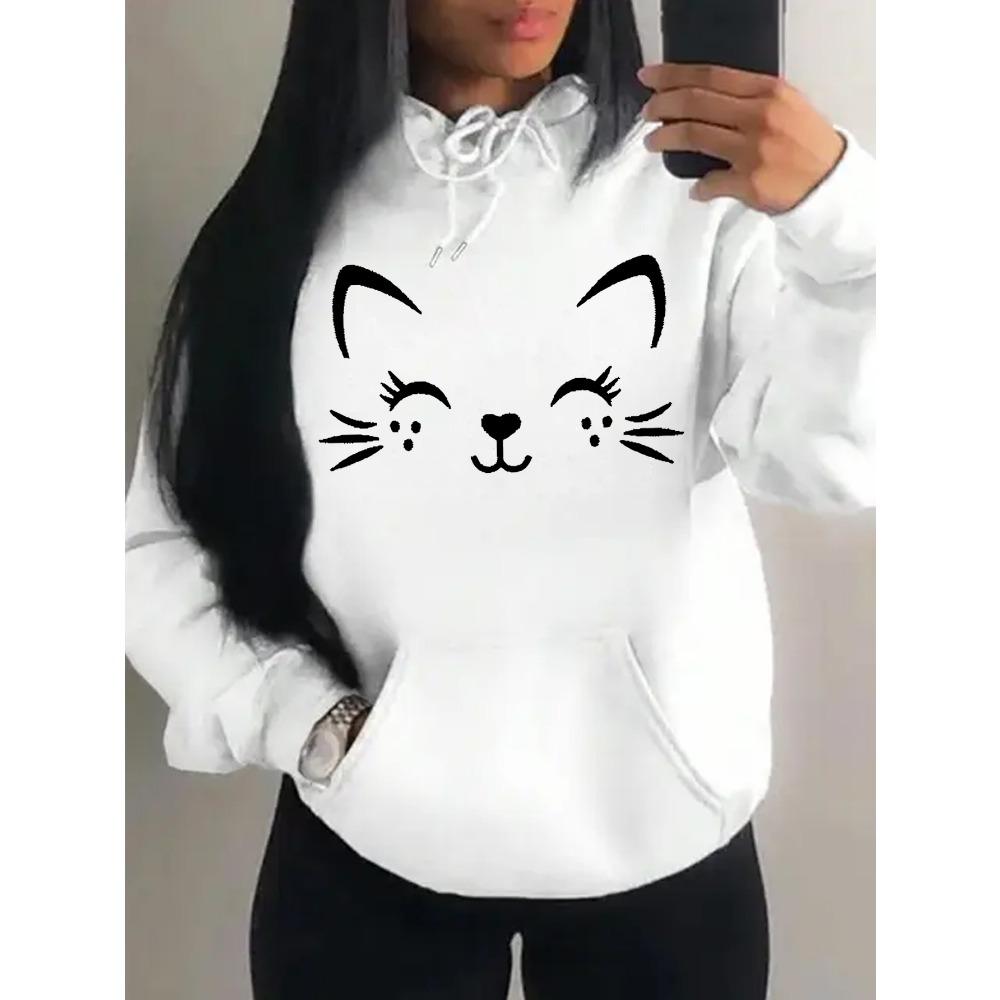 Simple Word Cat Happy Pattern Women Hoodies Fashion Casual Streetwear Personality Hip Hop Hoodie Trendy Pulloverar