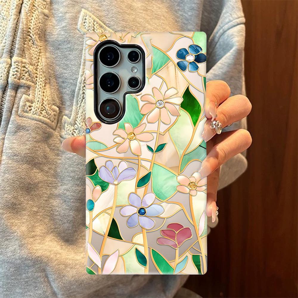 ins retro color glass flower Samsung S26Ultra mobile phone case anti-drop two-in-one film case S23 light luxury premium sense