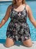 European/American Plus Size Tankini Swim Set: Green Leaf Print Skirt & Shorts (5X)