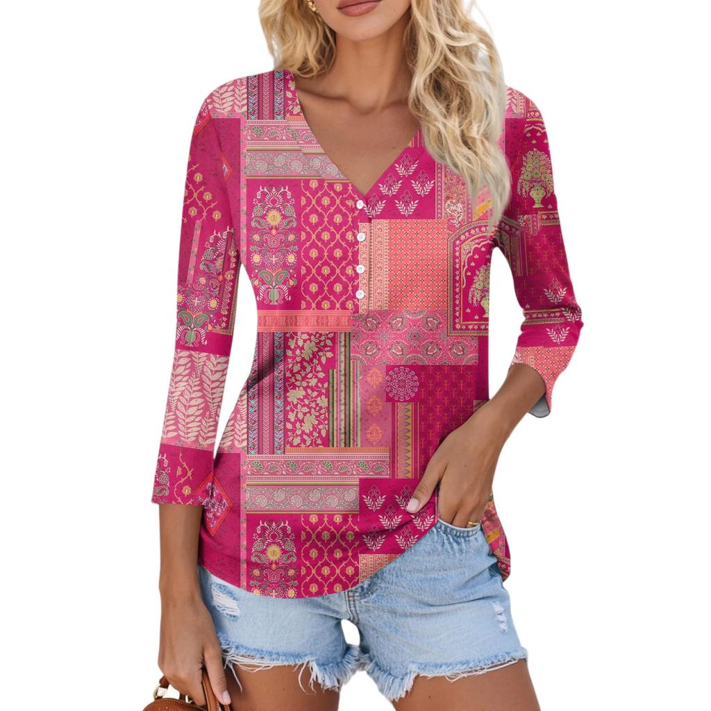 Damen Lässig Mode Sexy Bequem V-Ausschnitt Knopf Floral Dreiviertelarm Oberteil