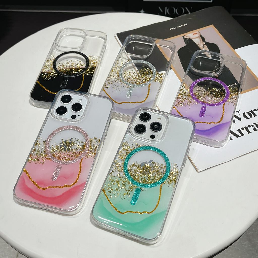 For iPhone 16 Pro Case Rhinestone Decor Wave Frame TPU Phone Cover with Leopard Print Glitter