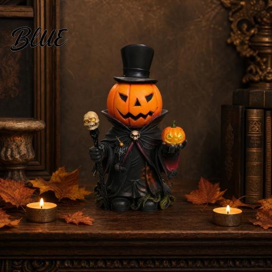 Halloween Mantle Decoration Skull Scepter Pumpkin Ornament with Cloak Exquisite Resin Head Decorations Gentleman Holding Small & Figurine for Table