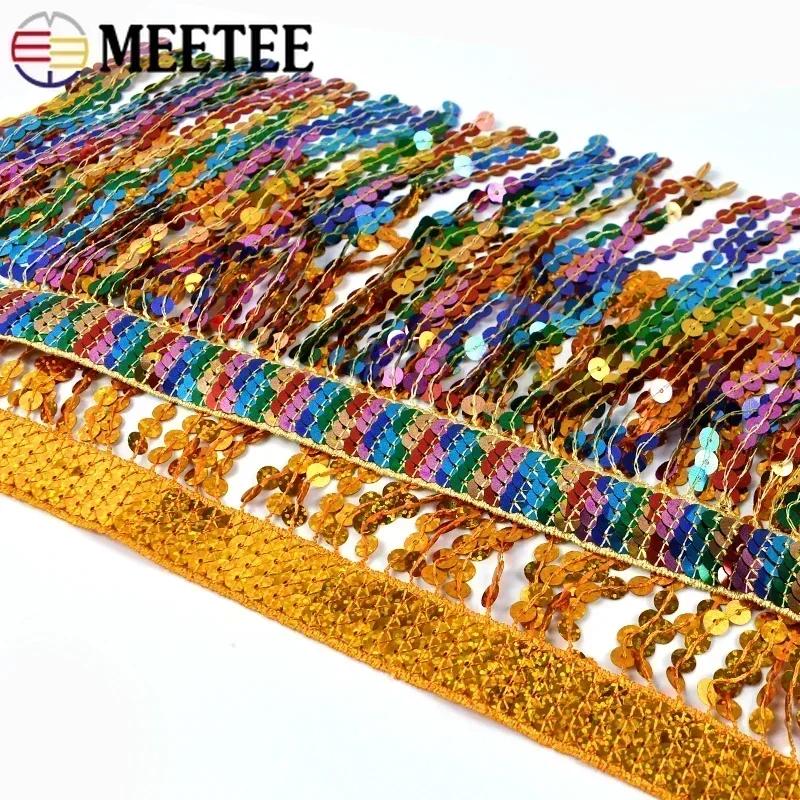 Meetee 1/2/3 Yards 16cm Paillettenfransen Quasten Ethnisches Spitzenbesatzband Fransen Latin Dance Rock Bekleidungsverzierung Nähzubehör