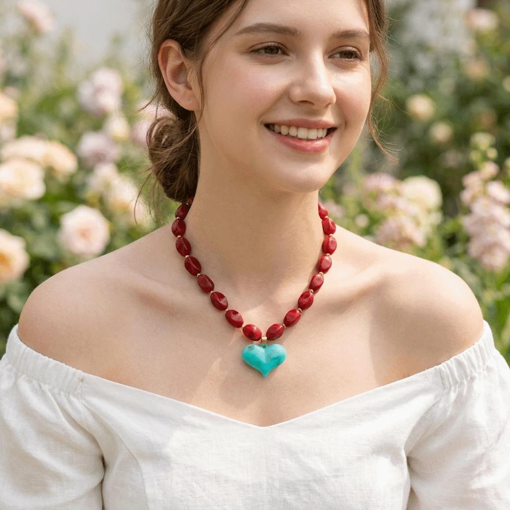 Colorful Heart Pendant Necklace Multi-Color Statement Jewelry Unique Bead Choker  Vacation Wear