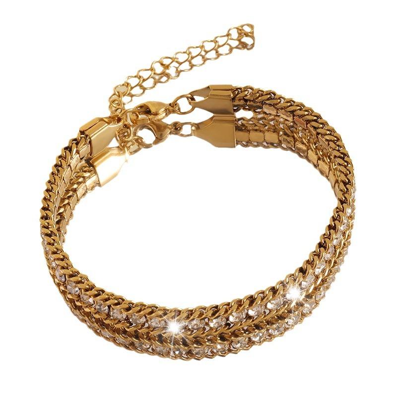 Titanium Steel Bracelet - Women's Simple Stainless Steel Bracelet with Three Layers of Diamonds, Versatile and Luxurious Hand Chain