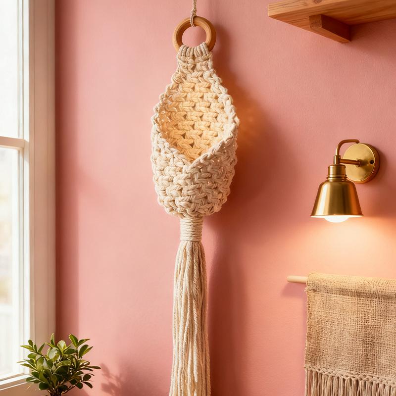 Cotton Rope Woven Hanging Basket Bohemian Plant Net Pouch Wall Tapestry Garden Decor Flower Basket Horticulture Decoration