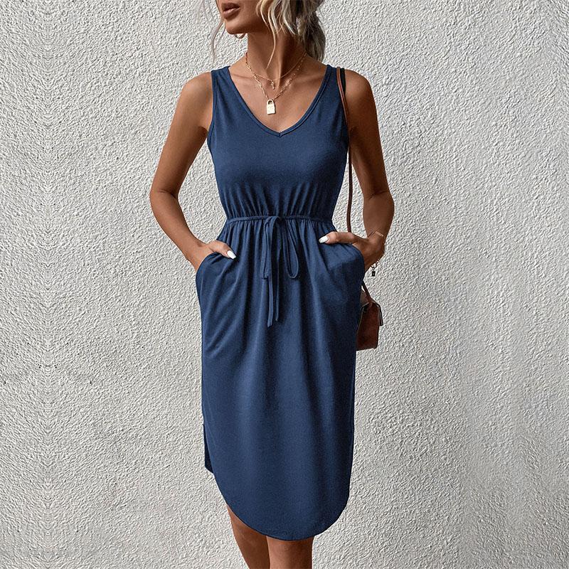 Abito estivo da donna senza maniche tinta unita con scollo a V e lacci
