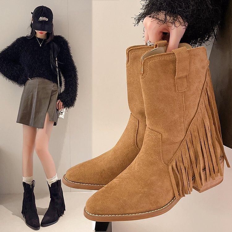 Sheepskin version~ retro western cowboy boots women's 2025 new pointed tassel short boots thick heel medium tube Martin boots